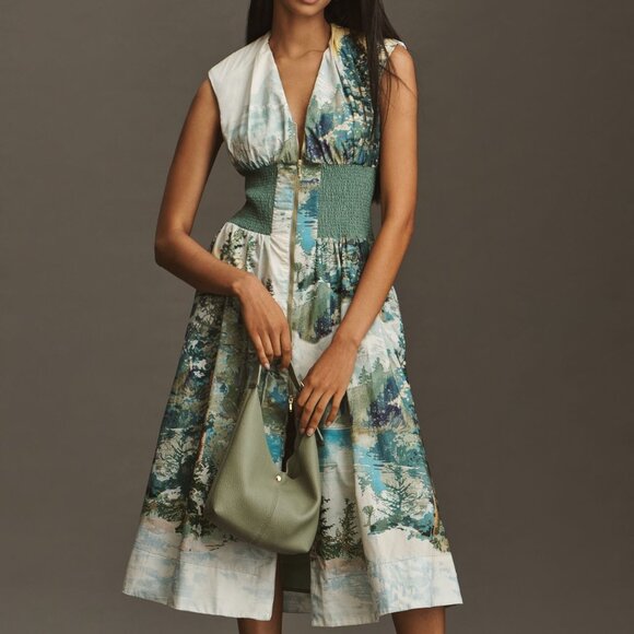 Anthropologie Dresses & Skirts - New Anthropologie The Tommie Cap-Sleeve Smocked Front-Zip Midi Shirt Dress